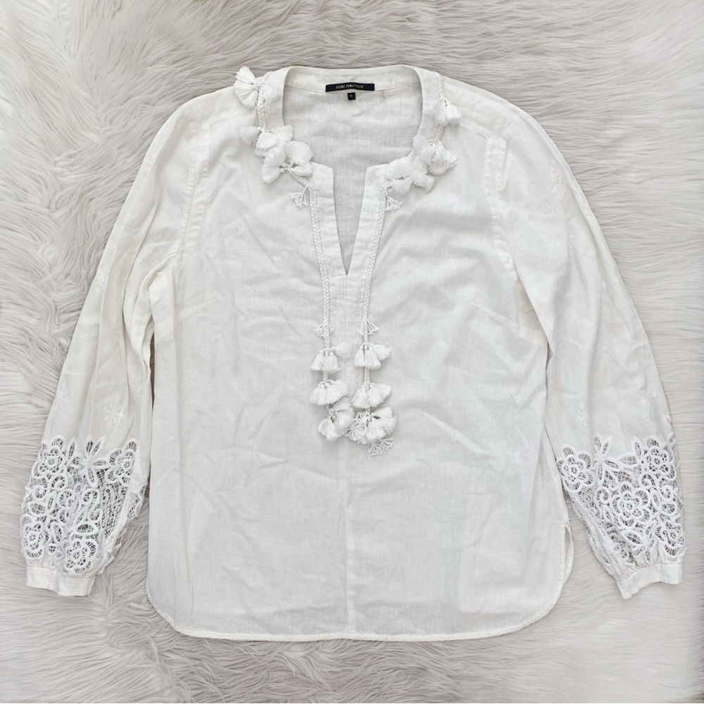Kobi Halperin Linen Blend White Tassel Neckline Blouse Split Neck Tunic Top - Picture 1 of 14
